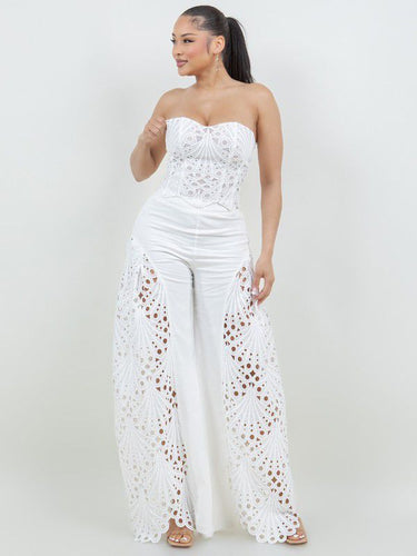 Luxe Lace Strapless Corset & Wide Leg Pant Set - White - Palazzo Couture Online
