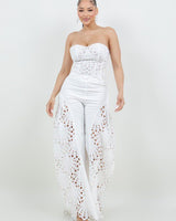 Luxe Lace Strapless Corset & Wide Leg Pant Set - White - Palazzo Couture Online