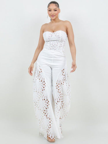 Luxe Lace Strapless Corset & Wide Leg Pant Set - White - Palazzo Couture Online