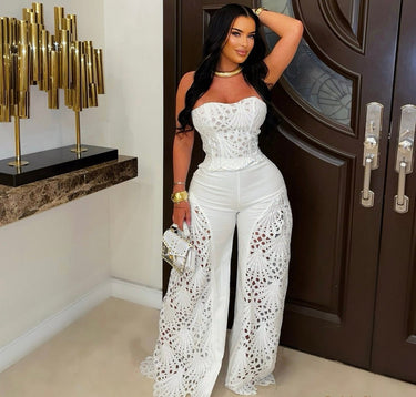 Luxe Lace Strapless Corset & Wide Leg Pant Set - White - Palazzo Couture Online