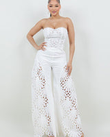 Luxe Lace Strapless Corset & Wide Leg Pant Set - White - Palazzo Couture Online