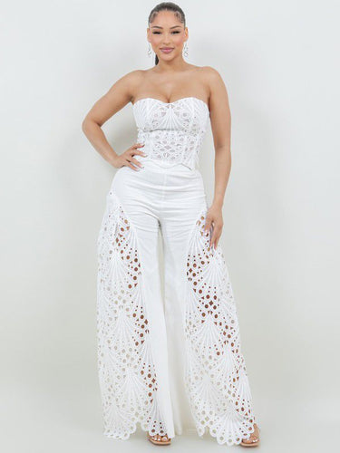 Luxe Lace Strapless Corset & Wide Leg Pant Set - White - Palazzo Couture Online