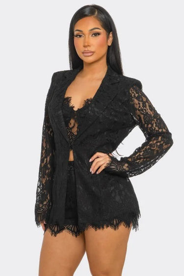 Luxe Lace Three-Piece Short Set (Black) front view showing complete two piece short set