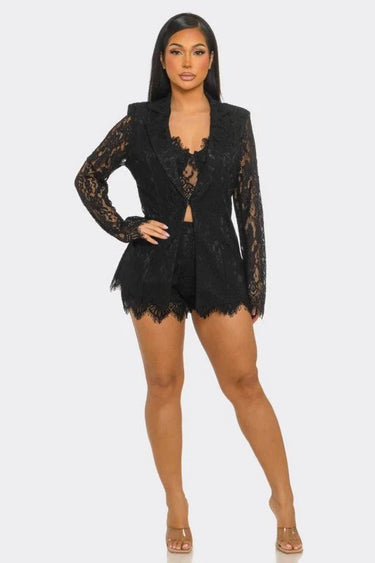 Luxe Lace Three-Piece Short Set (Black) close up of lace top design and fabric detail