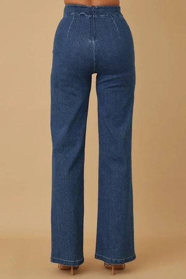 Luxe Line Sculpting Jeans- Blue close up of stylish fabric and construction detail