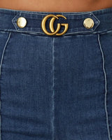 Luxe Line Sculpting Jeans- Blue side view showing jeans leg shape and fit