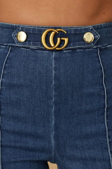 Luxe Line Sculpting Jeans- Blue side view showing jeans leg shape and fit