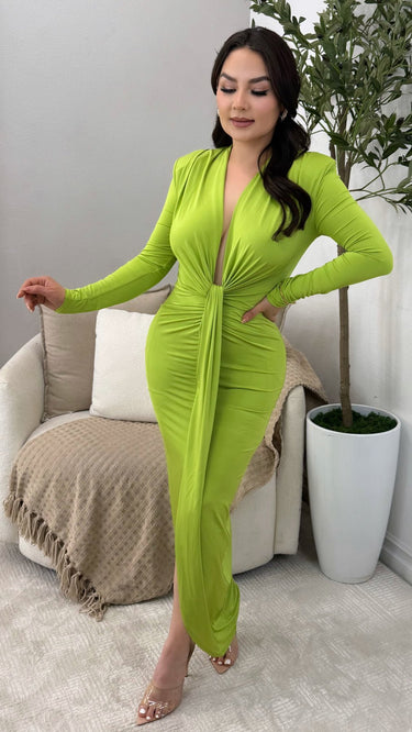 Luxe Long Sleeve Draped Midi Dress Pistachio - Palazzo Couture Online