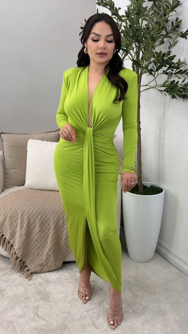 Luxe Long Sleeve Draped Midi Dress Pistachio - Palazzo Couture Online
