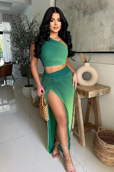 Luxe Mirage Ombre Skirt Set - Green Lime front view showing complete two piece skirt set