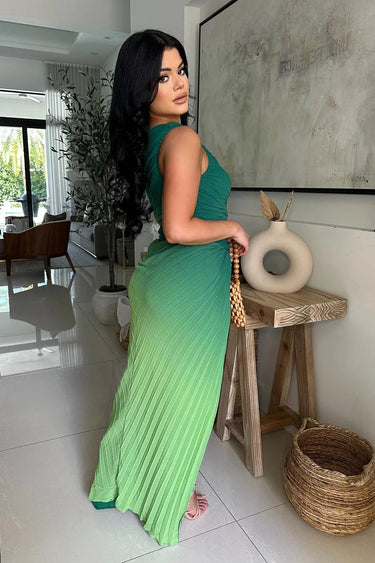 Luxe Mirage Ombre Skirt Set - Green Lime close up of matching top design and fabric