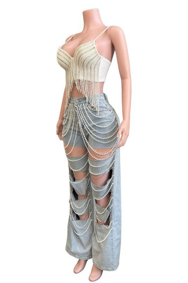 Luxe Pearl Cascade Bustier Top - white - Palazzo Couture Online