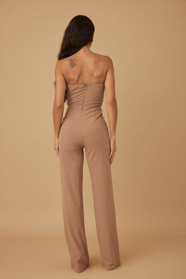 Luxe rhinestone strapless mocha jumpsuit – perfect for events and parties