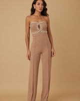 Mocha strapless jumpsuit with rhinestone detailing – Palazzo Couture Online