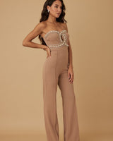Luxe mocha jumpsuit with crystal embellishments – strapless formal look