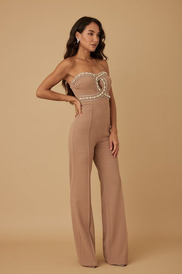Luxe mocha jumpsuit with crystal embellishments – strapless formal look