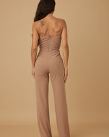 Elegant mocha jumpsuit with strapless fit and crystal accents – formalwear