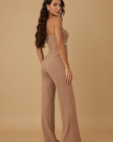 Chic mocha strapless jumpsuit with glam rhinestone bodice – Palazzo