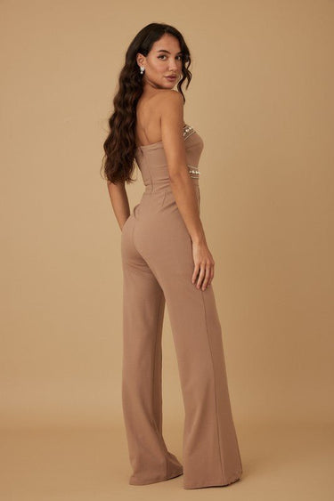Chic mocha strapless jumpsuit with glam rhinestone bodice – Palazzo