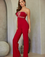 Backless red jumpsuit with glam rhinestones – statement formal outfit
