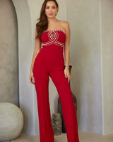 Backless red jumpsuit with glam rhinestones – statement formal outfit