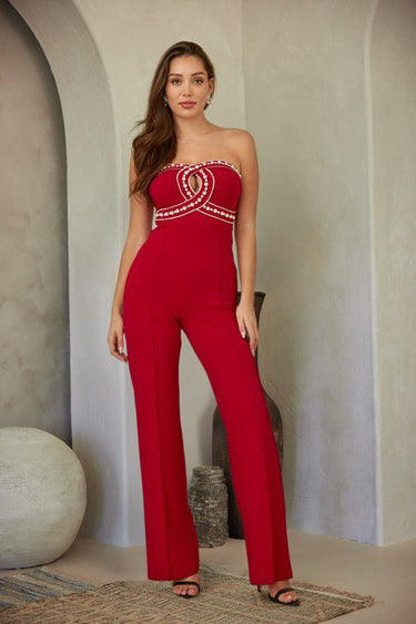 Backless red jumpsuit with glam rhinestones – statement formal outfit