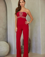Rhinestone studded red evening jumpsuit – Palazzo Couture Collection