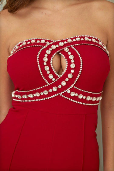 Rhinestone studded red evening jumpsuit – Palazzo Couture Collection