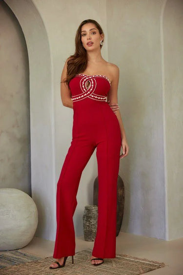 Luxe Rhinestone Strapless Jumpsuit (red) - versatile one-piece outfit