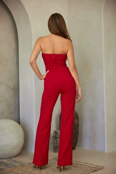 Luxe Rhinestone Strapless Jumpsuit (red) - women's one-piece outfit for going out