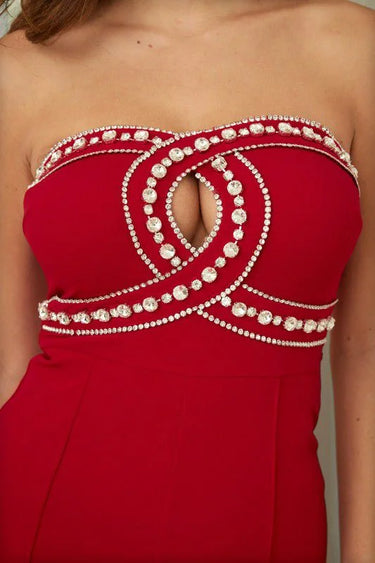 Luxe Rhinestone Strapless Jumpsuit (red) - trendy women's jumpsuit