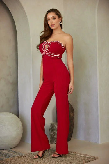 Luxe Rhinestone Strapless Jumpsuit (red) - chic one-piece by Palazzo Couture