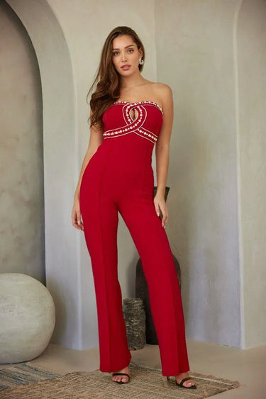 Luxe Rhinestone Strapless Jumpsuit (red) - bold jumpsuit for women
