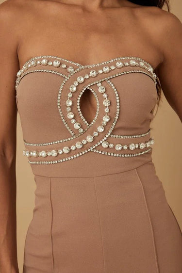 Luxe Rhinestone Strapless Jumpsuit (White) - women's one-piece outfit for going out