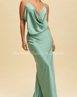 Luxe Satin Drape Gown Maxi Dress (Sage) - Palazzo Couture Online