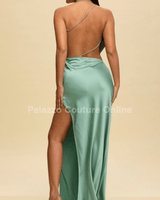Luxe Satin Drape Gown Maxi Dress (Sage) - Palazzo Couture Online