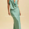 Luxe Satin Drape Gown Maxi Dress (Sage) front view showing full-length maxi silhouette