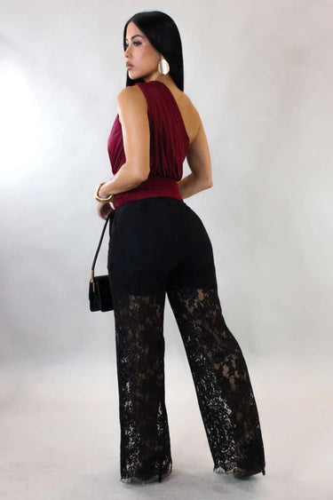 Luxe Sheer Lace Wide-Leg Pants - Black close up of stylish fabric and construction detail