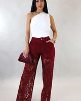Luxe Sheer Lace Wide - Leg Pants - Wine - Palazzo Couture Online