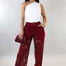 Luxe Sheer Lace Wide - Leg Pants - Wine - Palazzo Couture Online