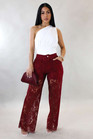 Luxe Sheer Lace Wide - Leg Pants - Wine - Palazzo Couture Online