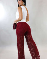 Luxe Sheer Lace Wide - Leg Pants - Wine - Palazzo Couture Online