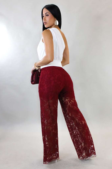 Luxe Sheer Lace Wide - Leg Pants - Wine - Palazzo Couture Online