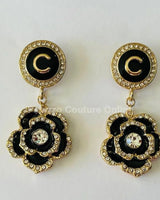 Luxury Flower Drop Earrings – Black and Gold Crystal Statement - stylish accessory for every outfit