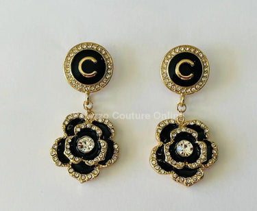 Luxury Flower Drop Earrings – Black and Gold Crystal Statement - stylish accessory for every outfit