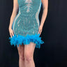 Sky blue mini dress with feather trim and rhinestone detailing