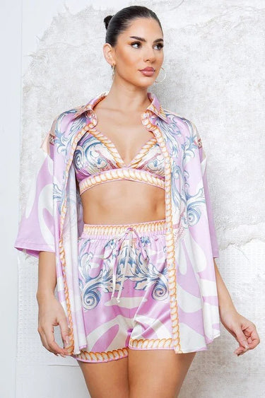 Majestic Mandala 3pc Short Set (Pink) close up of matching top design and fabric detail