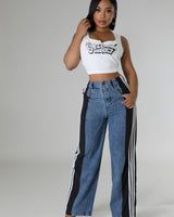 Close-up of waistband on wide leg track pants