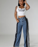 Side view of casual wide leg pants with sporty style