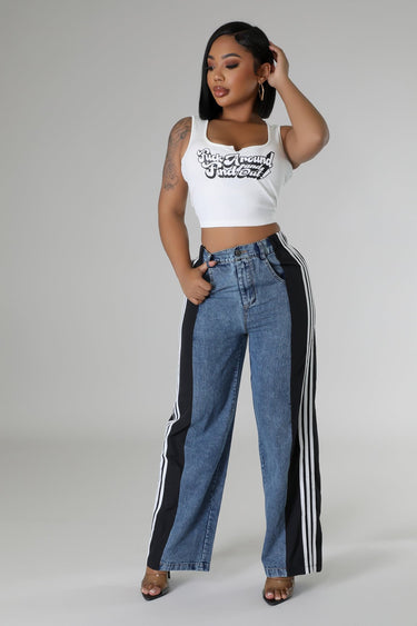 Side view of casual wide leg pants with sporty style